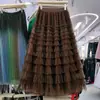Falda de Pastel con Lentejuelas Nueva de Otoño e Invierno, Elegante Falda de Gasa en Capas, Falda de Longitud Media de Hada, Falda Larga de Malla de Cintura Alta en Línea A