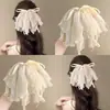 Grampo de Tubarão com Laço Dupla Camada Estilo Coreano Acessórios de Cabelo Pérola Plissado Renda Clip para Rabo de Cavalo Semi-Preso Tamanho Grande