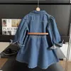 Otoño 2023 nuevo vestido coreano para niñas de mezclilla de manga larga falda de mezclilla suave lavada para niños 67202