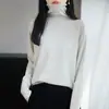 Top de punto de algodón puro estilo minimalista transfronterizo para mujer, cuello alto con borde enrollado, manga larga, corte holgado, camiseta básica versátil con un suave cuello de superposición