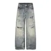 Jeans de Pierna Ancha Rasgados con Estampado de Leopardo de la Calle Principal Americana para Hombre, Holgados, Versátiles, con Borlas, Rectos, Largos, Productos en Stock Transfronterizos