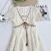 Novo Vestido de Renda Estilo Sudeste Asiático Transfronteiriço Estilo Francês Delicado para Mulheres com Mangas Bufantes, Ajuste na Cintura, Vestido Longo Emagrecedor