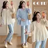 Ropa de Primavera para Mujeres Embarazadas, Diseño de Cuello en V Estilo Francés, Dulce Blusa Babydoll Bordada, Talla Grande, Top de Maternidad Adelgazante y de Corte Holgado