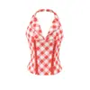 Comercio Exterior Transfronterizo Verano 2026 Estilo Europeo y Americano Moda Top Estampado Cuadros Cuello Halter Espalda Descubierta Ceñido a la Cintura para Mujer H526001