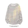 Camiseta Minimalista de Manga Larga con Rayas Finas para Primavera/Otoño, Holgada, Hombros Caídos, Cuello Redondo, Jersey Unisex, Versátil, Capa Base