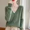Cárdigan de punto 100% lana pura con cuello en V y diseño floral calado transfronterizo, nuevo top casual holgado de otoño e invierno, estilo coreano suave de lana