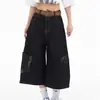 Jeans de trabajo American retro con estampado de leopardo, bolsillos de parche, pierna ancha suelta, unisex, a la moda, hip-hop, cropped