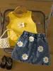 Conjunto de dos piezas de verano Amazon para niñas: Top Amarillo sin Mangas + Falda de Mezclilla con Estampado Floral