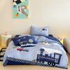 Conjunto de Quatro Peças de Algodão de Fibra Longa Bordado com Patch de Trem de Menino de Desenho Animado para Adolescentes e Crianças Azul Resistente a Manchas Lençóis de Cama Capa de Edredom