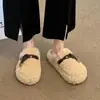 Pantuflas Baotou para Mujer de Exterior de Piel y Algodón Calientes para Mujer con Aumento de Altura Hebilla de Cuero Nueva Suela Gruesa Simple con Forro de Piel