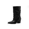 Botas de primera capa para mujer de piel de vaca envejecida, nuevo estilo de otoño, punta cuadrada, tacón alto grueso, botas retro de cuero genuino hasta la pantorrilla