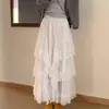 Saia de bolo com bordado de renda branca para mulheres, cintura alta, modeladora, saia longa de tule, saia de design nichado estilo francês