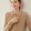 25 Nuevo Suéter de Cachemir con Cuello Polo de Otoño/Invierno Cárdigan Tejido Suéter Holgado para Mujer Chaqueta de Bolsillo Camisa Elegante