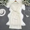 Vestido de punto de verano 2023 estilo retro francés, elegante, con cuello polo, cintura suelta, cordones, corte A, casual, largo
