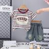 Ropa infantil verano 2025 nueva camiseta inglesa a rayas para niños coreanos traje de dos piezas de manga corta para bebés 1