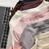 Camiseta Básica de Lã Tencel com Gola Redonda para Mulheres Cor Lisa Dividida no Ombro em Ângulo Reto Manga Longa Solta Camiseta Interna Macia e Cerosa para Mulheres