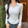 Camiseta de Manga Larga tipo Polo con Cuello Acanalado 210g Algodón Puro para Mujer, Color Sólido Simple Camisa Básica con Diseño de Cintura Ajustada, Primavera, Otoño, Invierno