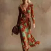 Vestido Transfronteiriço Novo Estilo com Decote em V e Mangas Longas com Elementos de Impressão Digital 3D, Saia Fashion e Personalizada para Marcar a Cintura Feminina