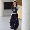 Conjunto casual de três peças para meninas estilo coreano com bordado de estrela, para primavera e outono, calça larga solta para crianças mais velhas, moda outonal tendência