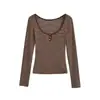 Camiseta a Rayas Sexy de Manga Larga con Botones y Cuello Redondo Bajo para Mujer, Versátil Top Base para Otoño