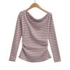 623-25 Nuevo Estilo Otoño Estilo Europeo y Americano Estilo Blogger Ins Top Básico Casual de Manga Larga Rayado de un Hombro Camiseta