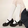 Calcetines de Algodón para Niñas Otoño e Invierno con Encaje y Lazo, Calcetines Largos Negros Estilo Ballet que Realzan la Forma de la Pierna
