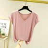 Camiseta Modal Fina de Verão de Manga Curta Feminina Decote V Top Versátil Solto Plus Size Casual Cor Sólida Camiseta Base Interna