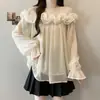 Blusa de Chiffon Manga Longa Off-Shoulder Estilo Francês Doce Plus Size para Mulheres Cheinhas, Design Emagrecedor com Apliques Florais 3D, Top Rejuvenescedor