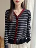 Cardigan de Punto Nuevo de Lana Fina con Cuello en V, Manga Larga, Botón de Corazón, Bloque de Color, Rayas, Top Holgado, Primavera y Otoño 2026