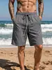 Shorts de verão europeus e americanos transfronteiriços de linho soltos, respiráveis, casuais, esportivos, cor sólida simples, com cordão, para férias na praia