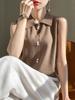 Suéter de Punto Estilo Camisa sin Mangas con Cuello Polo Diseño para Mujer Tops de Nicho Otoño e Invierno Nuevo Estilo Ropa Interior para Vestir por Capas