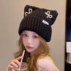 Gorro de lana con lazo y perla para mujer, para otoño e invierno, grueso, combinable con todo, con protección para los oídos, gorro de punto pequeño con cabeza grande y cara ancha.
