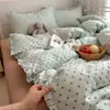 Conjunto de Quatro Peças em Algodão Duplo com Estampa de Bolinhas Ruffle Linha A Estilo Retro Ins para Cama de 1,5m Capa de Edredom Lençol de Cama Conjunto de Três Peças de Algodão