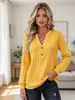 Amazon Cross-Border Roupas Femininas Outono e Inverno Novo Estilo Gola V Fashion Versátil Elegante Design de Botões Texturizado Cor Sólida Top