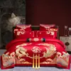 Conjunto de Roupa de Cama de Casamento Dragão e Fênix de Luxo, Conjunto de Quatro Peças em Vermelho Brilhante, Roupa de Cama de Casamento para o Noivo, Colcha de Dote para a Noiva
