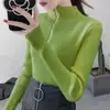 Camada Base Outono Inverno Feminina Gola Meia Alta Zíper Branco Malha Roupa Íntima Slim Fit Tricô Retrô Americano Preto