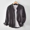 L942 camisa pequeña fresca de cuello mao para hombre lino manga larga corte slim color sólido cuello pequeño camisa blanca algodón lino cuello redondo