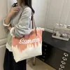 Bolsa de Lona com Franjas Transfronteiriça, Bolsa Simples Estampada para o Dia a Dia, Bolsa de Ombro Tote Grande Capacidade Estilo Férias Feminina Tendência