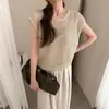 Liquidación, Sin Devoluciones ni Cambios. Conjunto de Dos Piezas para Mujer: Top de Punto Calado de Manga Corta + Camisola, Atuendo Elegante y Versátil de Verano