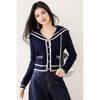 Chaqueta Cardigan Tejida Estilo Retro Francés Chanel para Mujer Nueva Llegada Azul Xizang Cuello Marino Suéter Holgado Top de Manga Larga