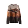Sudadera de Otoño e Invierno para Hombre, Cuello Redondo, Sin Capucha, Patrón de Paisaje Jacquard, Camisa Base Retro Transfronteriza Talla Europea, Ropa para Hombre