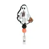 Novo Porta-Crachá Retrátil de Acrílico com Contas de Fantasma para Halloween com Glitter e Design Giratório