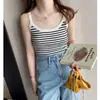Camisola de Seda de Hielo para Mujer, Top sin Mangas Rayado de Verano, Corte Ajustado, Estilo Retro Francés, Top Delgado sin Mangas, Se Puede Usar por Fuera