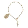 Pulseira Cruz de Contas Redondas Mais Vendida da Amazon para Mulheres, Estilo Europeu e Americano Simples Retrato Contas Redondas Pulseira Ajustável