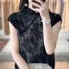 Primavera y Verano 2025 Mujer Corto Seda de Morera Lana Peinada Cuello Cheongsam Chino Botón Hueco Tejido Jacquard Manga Corta