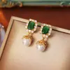 Pendientes de Perla con Diamantes Completos de Esmeralda de Alta Gama, Modernos, de Alta Gama, Elegantes y Delicados Pendientes para Mujer, Exquisita Joyería Estilo Dama