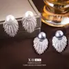 Pendientes de Pluma de Diamante Completo Aguja de Plata Perla Pendientes de Clip de Bobina de Mosquito Retro de Lujo Ligero Europeo y Americano Pendientes de Moda Elegantes para Mujer
