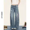 Jeans rectos de estilo americano para otoño con estampado de estrellas, deconstruidos, lavados, para hombre y mujer, pantalones anchos de corte holgado, de tendencia, nicho