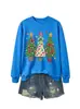 Sudadera casual y cómoda para mujer de la tienda independiente Amazon Wish con tres árboles de Navidad y luces colgantes de estrella de cinco puntas, estilo navideño