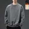 Moletom masculino, novo estilo outono e inverno, gola redonda, corte solto, forrado com fleece, sem capuz, blusa de puxar, jaqueta masculina de manga comprida, versátil